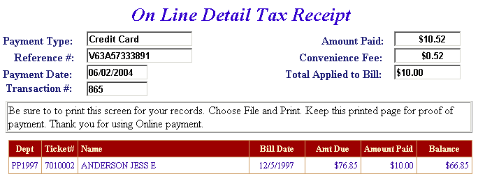 Online receipt example