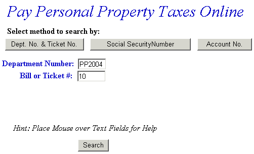 Department/Ticket Number Search example